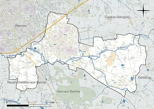 Carte en couleur présentant le réseau hydrographique de la commune
