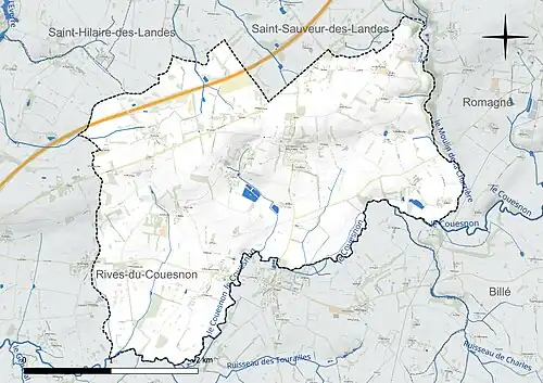 Carte en couleur présentant le réseau hydrographique de la commune