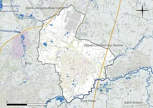 Carte en couleur présentant le réseau hydrographique de la commune