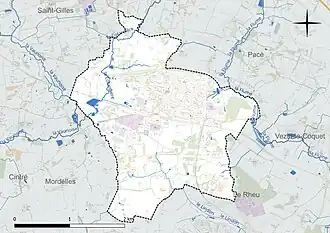 Carte en couleur présentant le réseau hydrographique de la commune