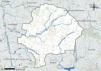 Carte en couleur présentant le réseau hydrographique de la commune