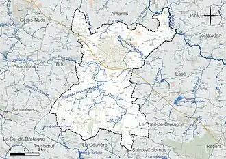 Carte en couleur présentant le réseau hydrographique de la commune