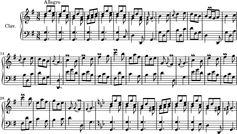 \version "2.18.2"
\header {
tagline = ##f
}
% petites notes
prallAsz = { \tag #'print { a16\prall } \tag #'midi { \times 2/3 { a32 b a } } }
prallC = { \tag #'print { c4\prall } \tag #'midi { d32 c d c~ c8 } }
prallE = { \tag #'print { e4\prall } \tag #'midi { fis32 e fis e~ e8 } }
prallFis = { \tag #'print { fis4\prall } \tag #'midi { g32 fis g fis~ fis8 } }
upper = \relative c'' {
\clef treble
\key g \major
\time 3/8
\tempo 4. = 82
\set Staff.midiInstrument = #"harpsichord"
<< { d8^\markup{Allegro} g e | d g c, | b d a | b c \tempo 4. = 70 d | \tempo 4. = 82 d g e | d g c, | b d a } \\ { b4 c8 | b4 a8 | g4 fis8 | g a b | b4 c8 | b4 a8 | g4 fis8 } >>
% ms. 8
\acciaccatura { << { a16( } \\ { fis16( } >> } g4.) | b4 c8 | \appoggiatura c8 d4 e8 | d c b | b8 \prallAsz g16 a8 | b4 c8 | \appoggiatura c8 d4 e8 | d c b | \appoggiatura b8 a4. | \prallC b8 | \prallE d8 | \prallFis g8 | \prallC b8 | e,8 a fis | g d e |
% ms. 23
g,8 \appoggiatura g8 \prallFis | \appoggiatura fis8 g4. | \prallC b8 | \prallE d8 | \prallFis g8 | \prallC b8 | e,8 a fis | g d e |
% ms. 31
g,8 \appoggiatura g8 fis4\prall | \appoggiatura fis4 g4. | \key g \minor << { d'8 g ees | d g c, | bes d a | bes c \tempo 4. = 70 d | \tempo 4. = 82 d g ees | d g c, | bes d a } \\ { bes4 c8 | bes4 a8 | g4 fis8 | g a bes | bes4 c8 | bes4 a8 | g4 fis8 } >>
% ms. 40
\acciaccatura { << { a16( } \\ { fis16( } >> } g4.) |
}
lower = \relative c' {
\clef bass
\key g \major
\time 3/8
\set Staff.midiInstrument = #"harpsichord"
% **************************************
\repeat unfold 5 { < g, g' >4. } < g g' >4 c8 | d4 d,8 | g4. | g'8 d a' | b d, c' | d fis, g | d4 d,8 | g'8 d a' | b d, c' |
% ms. 15
d8 fis, g | < d, d' >4. | \repeat unfold 2 { e''8 g d | c e b | a c g | fis d' g, | c4 a8 | b4 c8 |
% ms. 23
d4 d,8 | g4. } | \key g \minor \repeat unfold 5 { < g, g' >4. } < g g' >4 ees'8 | d4 d,8 | g4.
}
thePianoStaff = \new PianoStaff <<
\set PianoStaff.instrumentName = #"Clav."
\new Staff = "upper" \upper
\new Staff = "lower" \lower
>>
\score {
\keepWithTag #'print \thePianoStaff
\layout {
#(layout-set-staff-size 17)
\context {
\Score
\override SpacingSpanner.common-shortest-duration = #(ly:make-moment 1/2)
\remove "Metronome_mark_engraver"
}
}
}
\score {
\keepWithTag #'midi \thePianoStaff
\midi { }
}