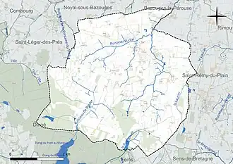 Carte en couleur présentant le réseau hydrographique de la commune