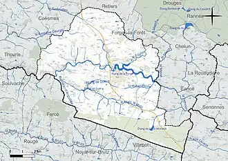 Carte en couleur présentant le réseau hydrographique de la commune