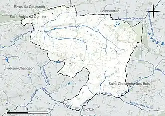 Carte en couleur présentant le réseau hydrographique de la commune