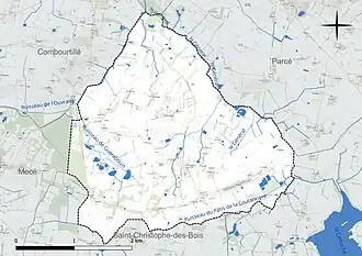 Carte en couleur présentant le réseau hydrographique de la commune