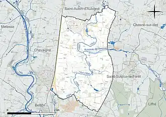 Carte en couleur présentant le réseau hydrographique de la commune