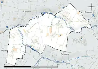 Carte en couleur présentant le réseau hydrographique de la commune