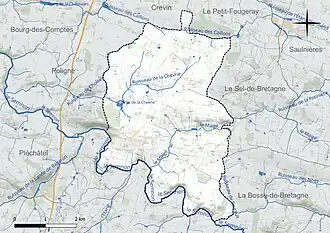 Carte en couleur présentant le réseau hydrographique de la commune
