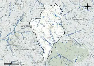 Carte en couleur présentant le réseau hydrographique de la commune