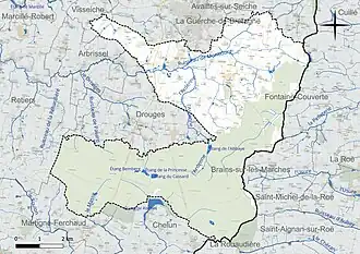 Carte en couleur présentant le réseau hydrographique de la commune