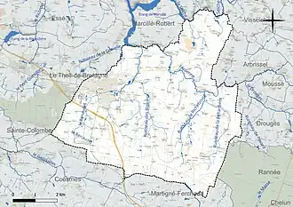 Carte en couleur présentant le réseau hydrographique de la commune