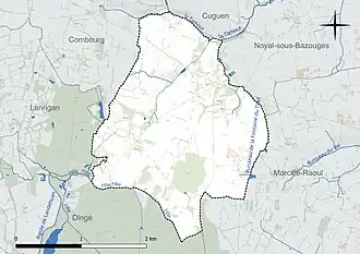 Carte en couleur présentant le réseau hydrographique de la commune