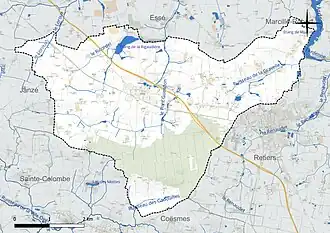 Carte en couleur présentant le réseau hydrographique de la commune