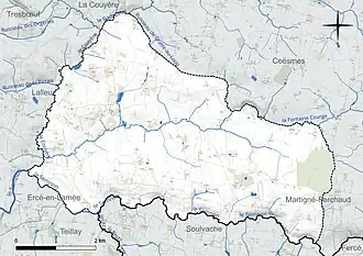 Carte en couleur présentant le réseau hydrographique de la commune