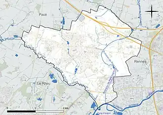 Carte en couleur présentant le réseau hydrographique de la commune