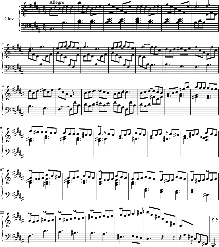 
\version "2.18.2"
\header {
  tagline = ##f
  % composer = "Domenico Scarlatti"
  % opus = "K. 245"
  % meter = "Allegro"
}

%% les petites notes
trillCisp     = { \tag #'print { cis4.\prall } \tag #'midi { dis32 cis dis cis~   \tempo 4. = 66 cis4   \tempo 4. = 120 } }
trillAisq     = { \tag #'print { ais8\prall } \tag #'midi { \times 2/3 { ais16 bis ais } } }
trillGisq     = { \tag #'print { gis8\prall } \tag #'midi { \times 2/3 { gis16 ais gis } } }
trillFisq     = { \tag #'print { fis8\prall } \tag #'midi { \times 2/3 { fis16 gis fis } } }
trillBisq     = { \tag #'print { bis8\prall } \tag #'midi { \times 2/3 { bis16 cis bis } } }
trillCisq     = { \tag #'print { cis8\prall } \tag #'midi { \times 2/3 { cis16 dis cis } } }
trillDisq     = { \tag #'print { dis8\prall } \tag #'midi { \times 2/3 { dis16 eis dis } } }
trillEisq     = { \tag #'print { eis8\prall } \tag #'midi { \times 2/3 { eis16 fis eis } } }

upper = \relative c'' {
  \clef treble 
  \key b \major
  \time 6/8
  \tempo 4. = 120

      s8*0^\markup{Allegro}
      b8 dis b dis fis dis | b' fis dis b dis fis | gis e cis ais fis e' | dis fis dis b dis fis | gis e cis ais fis e' | 
      % ms. 6
      \stemUp \repeat unfold 2 { dis4. fis } | e8 fis gis~ gis fis e | fis4. dis | e8 fis gis~ gis fis e \stemNeutral |
      % ms. 11
      fis4.~ fis8 fis cis | dis b dis eis cis eis | fis cis ais fis fis' cis | dis b dis eis cis eis | fis cis ais fis8 s4
      % ms. 16
      b8 cis dis~ dis cis b | ais b cis~ cis4. | b8 cis dis~  \stemUp dis cis b | ais b cis r8 fis ais | ais gis gis gis fis fis |
      % ms. 21
      fis8 eis eis eis dis dis | dis cis cis cis bis bis | \trillCisp r8 cis8 b | ais b cis dis cis b | ais b cis r8 cis8 bis |
      % ms. 26
      ais8 bis cis dis cis bis | \trillAisq gisis8 ais dis cis bis| ais ais b cis b ais | \trillGisq fisis8 gis cis b ais | gis gis ais b ais gis |
      % ms. 31
      \trillFisq eis8 fis  b ais gis | \trillFisq eis8 fis  \trillGisq fis8 gis | \trillAisq gis8 ais \trillBisq ais bis | \trillCisq bis8 cis \trillDisq cis dis | \trillEisq dis eis fis eis fis |
      % ms. 36
      \trillGisq fis gis ais4 bis8 cis8 gis eis cis gis eis | cis \stemUp  \change Staff = "lower" gis eis \change Staff = "upper"  s4. | r4 r8 

}

lower = \relative c' {
  \clef bass
  \key b \major
  \time 6/8

    % ************************************** \appoggiatura a16  \repeat unfold 2 {  } \times 2/3 { }   \omit TupletNumber 
      b,4. b' | < b dis > q | < b cis e > q | < b dis fis > < b dis > | < b cis e > q |
      % ms. 6
      b8 dis b \stemDown \change Staff = "upper" dis fis dis |
      b' \stemDown  \change Staff = "upper" fis dis \stemUp \change Staff = "lower" |
      b \stemDown  \change Staff = "upper" dis fis |
      gis e cis \stemUp \change Staff = "lower" ais fis \stemDown \change Staff = "upper" e' |
      dis fis dis  \stemUp \change Staff = "lower" b \stemDown \change Staff = "upper" dis fis | gis e cis \stemUp \change Staff = "lower" ais fis \stemDown  \change Staff = "upper" e' |
      % ms. 11
      dis8 cis \stemDown \change Staff = "lower"  b \stemNeutral  ais4. | b gis | fis ais | b gis | fis4.~ fis8 fis' cis |
      % ms. 16
      dis8 b dis  eis cis eis | fis cis ais fis fis' cis | dis b dis \stemDown \change Staff = "upper" eis cis eis | fis4. \repeat unfold 2 { < fis ais > | < eis gis > < dis fis > |
      % ms. 21
      < cis eis >4. } eis4. | \repeat unfold 2 { fis eis }
      % ms. 26
      fis4. < dis fis gisis > | < cis eis > < bis dis gisis > | < cis eis > < cis e > | < b dis > < ais cis fisis > | < b dis > \stemNeutral \change Staff = "lower" < b dis >4. 
      % ms. 31
      < ais cis >4. < gis b > | < ais cis > eis4. | fis dis' | cis bis | b ais |
      % ms. 36
      eis4. fis8 eis dis | cis4. r4 r8 | r4 r8 cis8 gis eis | cis4. 

}

thePianoStaff = \new PianoStaff <<
    \set PianoStaff.instrumentName = #"Clav."
    \new Staff = "upper" \upper
    \new Staff = "lower" \lower
  >>

\score {
  \keepWithTag #'print \thePianoStaff
  \layout {
      #(layout-set-staff-size 17)
    \context {
      \Score
     \override TupletBracket.bracket-visibility = ##f
     \override SpacingSpanner.common-shortest-duration = #(ly:make-moment 1/2)
      \remove "Metronome_mark_engraver"
    }
  }
}

\score {
  \keepWithTag #'midi \thePianoStaff
  \midi { \set Staff.midiInstrument = #"harpsichord" }
}
