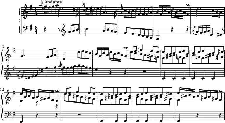 \version "2.18.2"
\header {
tagline = ##f
}
%% les petites notes
trillG = { \tag #'print { g4\prall } \tag #'midi { a32 g a g~ g8 } }
trillEpar = { \tag #'print { e4-\parenthesize\prall } \tag #'midi { fis32 e fis e~ e8 } }
trillFis = { \tag #'print { fis4\prall } \tag #'midi { gis32 fis gis fis gis fis~ fis16 } }
% \acciaccatura % avec trait
% \appoggiatura % sans trait
upper = \relative c'' {
\clef treble
\key g \major
\time 3/4
\tempo 4 = 76
\set Staff.midiInstrument = #"harpsichord"
% \acciaccatura a'16
\appoggiatura a'16 g16^\markup{Andante} fis g a d,4. dis8 | \acciaccatura fis16 e dis16 e fis a,4. b8 | \acciaccatura d16 c16 b c d g,8 fis g a |
% ms. 4
b16 g c a d b c a \trillG | d'4. c8 b a | g4. fis8 g a | d,4 d'8 e d c |
% ms. 8
b16 g c a d b c a \trillG | << { d'8 e f4 e8 d~ | d b c d e b | c d e b c dis } \\ { d8 c b a gis f | e gis a f e gis | a f e gis a fis } >>
% ms. 12
<< { e'16 b c a b gis a fis \trillEpar } \\ { e4 r4 r4 } >> | << { e'8 fis g4 fis8 e~ | e cis d e fis cis | d e fis cis d eis } \\ { e8 d cis b ais g | fis ais b g fis ais | b g fis ais b gis } >>
% ms. 16
<< { fis'16 cis d b cis ais b gis \trillFis } \\ { fis4 } >>
}
lower = \relative c' {
\clef bass
\key g \major
\time 3/4
\set Staff.midiInstrument = #"harpsichord"
% **************************************
\grace s16 r4 r8 \clef treble g'8 a b | c4 { \tag #'print { a8 } \tag #'midi { s8 } } b a g | fis e d c b a |
% ms. 4
g4 r4 r4 | \acciaccatura a'8 g16 fis g a d,4. dis8 | \acciaccatura fis8 e16 dis e fis \clef bass a,4. b8 | \acciaccatura c8 b16 a b c d8 c b a |
% ms. 8
g4 r4 r4 | R2. | \repeat unfold 7 { e,4 } r4 r4 | R2. | \repeat unfold 7 { fis4 } r4 r4 |
}
thePianoStaff = \new PianoStaff <<
\set PianoStaff.instrumentName = #"Clav."
\new Staff = "upper" \upper
\new Staff = "lower" \lower
>>
\score {
\keepWithTag #'print \thePianoStaff
\layout {
#(layout-set-staff-size 17)
\context {
\Score
\override SpacingSpanner.common-shortest-duration = #(ly:make-moment 1/2)
\remove "Metronome_mark_engraver"
}
}
}
\score {
\keepWithTag #'midi \thePianoStaff
\midi { }
}