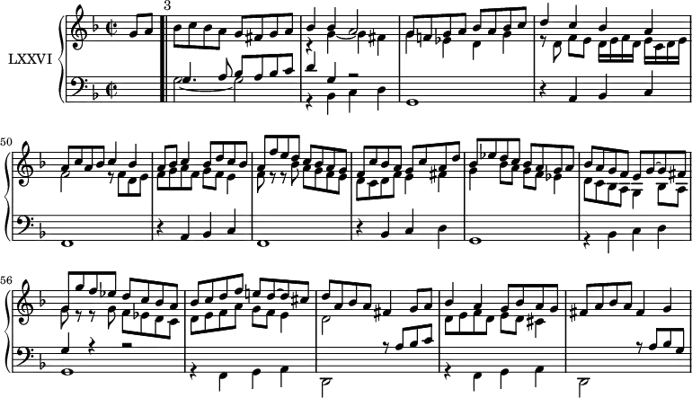 
\version "2.18.2"
\header {
  tagline = ##f
}
upper = \relative c'' {
  \clef treble 
  \key f \major
  \time 2/2
  \tempo 2 = 48
  %\autoBeamOff
  \set Staff.midiInstrument = #"harpsichord"

  \partial 4 g8 a^"     3" \bar ".|" 
  bes8 c bes a g fis g a 
  << { bes4 bes a2 } \\ { r4 g4~ g4 fis } >>
  << { g8 f! g a bes a bes c } \\ { g4 ees d g } >>
  << { d'4 c bes a } \\ { r8 d,8 f[ e] d16[ e f d] e[ c d e] } >>
  << { a8 c a bes c4 bes } \\ { f2 r8 f d e } >>
  << { a8 bes c4 bes8 d c bes } \\ { f8 g a f g f e4 } >>
  << { a8 f' e d c bes a g } \\ { f8 r8 r8 bes8 a g f e } >>
  %%% 8
  << { f8 c' bes a g c a d } \\ { d, c d f e4 fis } >>
  << { bes8 ees d c bes a g a } \\ { g4  bes8 a g f ees4 } >>
  << { bes'8 a g f e g~ g fis } \\ { d8 c bes a g4 bes8 a  } >>
  << { g'8 g' f ees d c bes a } \\ { g8 r8 r8 g8 f ees d c } >>
  %%% 12
  << { bes'8 c d f e! d~ d cis } \\ { d,8 e f a g f e4 } >>
  << { d'8 a bes a fis4 g8 a } \\ { d,2 } >>
  << { bes'4 a g8 bes a g } \\ { d8 e f d e d cis4 } >>
  fis8 a bes a fis4 g

}

lower = \relative c' {
  \clef bass
  \key f \major
  \time 2/2
  \set Score.currentBarNumber = #46
  \set Staff.midiInstrument = #"harpsichord"
   
   s4
   << { g4. a8 bes a bes c } \\ { g2~ g } >>
   << { d'4 g, r2 } \\ { r4 bes,4 c d g,1 } >>
   r4 a4 bes c f,1
   r4 a4 bes c f,1
   r4 bes4 c d g,1
   << { s1 g'4 r4 r2 } \\ { r4 bes,4 c d g,1 } >>
   << { s1 s2 r8 a'8 bes c } \\ { r4 f,,4 g a d,2 s2 } >>
   << { s1 s2 r8 a''8 bes g } \\ { r4 f,4 g a d,2 s2 } >>
   
} 

\score {
  \new PianoStaff <<
    \set PianoStaff.instrumentName = #"LXXVI"
    \new Staff = "upper" \upper
    \new Staff = "lower" \lower
  >>
  \layout {
    \context {
      \Score
      \remove "Metronome_mark_engraver"
    }
  }
  \midi { }
}
