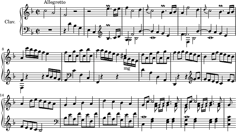 \version "2.18.2"
\header {
tagline = ##f
% composer = "Domenico Scarlatti"
% opus = "K. 554"
% meter = "Allegretto"
}
%% les petites notes
trillEpUp = { \tag #'print { e'4.\prall } \tag #'midi { f32 e f e~ e4 } }
trillBespUp = { \tag #'print { bes'4.\prall } \tag #'midi { c32 bes c bes~ bes4 } }
trillBesp = { \tag #'print { bes4.\prall } \tag #'midi { c32 bes c bes~ bes4 } }
upper = \relative c'' {
\clef treble
\key f \major
\time 2/2
\tempo 2 = 72
\set Staff.midiInstrument = #"harpsichord"
\override TupletBracket.bracket-visibility = ##f
s8*0^\markup{Allegretto}
c2 a | f r2 | r2 \trillEpUp d16 e | f4 c2 d4 | \appoggiatura d8 c2 \trillBesp a16 bes |
% ms. 6
a4 f'2 d4 | \appoggiatura d8 c2 \trillBesp a16 bes | a4 c'16 bes a g f4 e | f8 c g' c, a' c, bes' c, |
% ms. 10
a'4 a16 g f e d4 \stemUp cis | \stemNeutral d8 a e' a, f' a, g' a, | f'4 f8 g f e d c | bes4 e8 f e d c bes |
% ms. 14
a4 d8 e d c bes a | g4 a bes a | d c bes a | << { \repeat unfold 2 { g8 c~ c2 s4 } } \\ { s2 \stemUp \grace { g16 a } bes4. a8 | s2 \grace { g16 a } bes4. a8 } \\ { \stemDown s8 c4 < f, a >8 \grace { e16 f } g4. f8 | e8 c'4 < f, a >8 \grace { e16 f } g4. f8 } >> | g8
% ms. 18
}
lower = \relative c' {
\clef bass
\key f \major
\time 2/2
\set Staff.midiInstrument = #"harpsichord"
\override TupletBracket.bracket-visibility = ##f
% ************************************** \appoggiatura a16 \repeat unfold 2 { } \times 2/3 { } \omit TupletNumber
R1 | r4 d4 bes g | e c \clef treble \trillBespUp c16 d | << { a4 f'2 bes4~ | bes a g e | f2. bes4~ | bes a g e | f } \\ { a,2 bes | c1 | f4 f, bes2 | c1 | f,4 } >>
% ms. 8 suite
r4 r4 c''16 bes a g | f4 \clef bass c f, c |
% ms. 10
f,4 r4 r4 \stemDown \change Staff = "upper" a''16-\markup{mg} g f e | \stemNeutral \change Staff = "lower" d4 a d, a | d, r4 r4 \clef treble g''8 a g f e d c4 f8 e |
% ms. 14
f8 e d c bes2 | \clef bass bes8 e a, f' g, e' f, f' | bes, f' a, f' g, e' f, f' | << { c1 c1 } \\ { c,4 < f a > < e g > < f a > | < c g' > < f a > < e g > < f a > } >>
% ms. 19
< c g' c >
}
thePianoStaff = \new PianoStaff <<
\set PianoStaff.instrumentName = #"Clav."
\new Staff = "upper" \upper
\new Staff = "lower" \lower
>>
\score {
\keepWithTag #'print \thePianoStaff
\layout {
#(layout-set-staff-size 17)
\context {
\Score
\override SpacingSpanner.common-shortest-duration = #(ly:make-moment 1/2)
\remove "Metronome_mark_engraver"
}
}
}
\score {
\keepWithTag #'midi \thePianoStaff
\midi { }
}