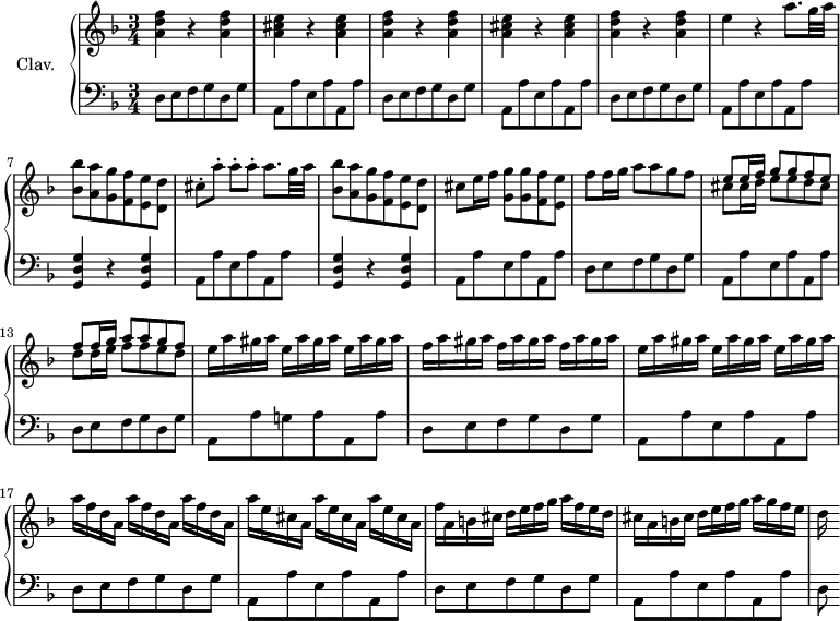 \version "2.18.2"
\header {
tagline = ##f
% composer = "Domenico Scarlatti"
% opus = "K. deest"
% meter = ""
}
%% les petites notes
trillAqp = { \tag #'print { a8. } \tag #'midi { bes32 a bes a~ a16 } }
base = { d,8 e f g d g | a, a' e a a, a' }
upper = \relative c'' {
\clef treble
\key d \minor
\time 3/4
\tempo 4 = 88
\set Staff.midiInstrument = #"harpsichord"
\override TupletBracket.bracket-visibility = ##f
%s8*0^\markup{Allegro}
\repeat unfold 2 { < a d f >4 r4 q4 | < a cis e >4 r4 q4 } | < a d f >4 r4 q4 | e'4 r4 \trillAqp g32 a | < bes, bes' >8 < a a' > < g g' > < f f'> < e e' > < d d' > |
% ms. 3
cis'8-. a'-. a-. a-. \trillAqp g32 a | < bes, bes' >8 < a a' > < g g' > < f f'> < e e' > < d d' > | cis'8 e16 f < g, g' >8 q < f f' > < e e' >
% ms. 11
f'8 f16 g a8 a g f | << { e8 e16 f g8 g f e | f f16 g a8 a g f } \\ { cis8 cis16 d e8 e d cis | d d16 e f8 f e d } >> |
% ms. 14
\repeat unfold 3 { e16 a gis a } | \repeat unfold 3 { f16 a gis a }
% ms. 16
\repeat unfold 3 { e16 a gis a } | \repeat unfold 3 { a16 f d a } | \repeat unfold 3 { a'16 e cis a } |
% ms. 19
f'16 a, b cis d e f g a f e d | cis a b cis d e f g a g f e | d
}
lower = \relative c' {
\clef bass
\key d \minor
\time 3/4
\set Staff.midiInstrument = #"harpsichord"
\override TupletBracket.bracket-visibility = ##f
% ************************************** \appoggiatura a16 \repeat unfold 2 { } \times 2/3 { } \omit TupletNumber
\repeat unfold 3 { \base } |
% ms. 7
\repeat unfold 2 { < g, d' g >4 r4 q4 | a8 a' e a a, a' }
% ms. 11
\base | d,8 e f g d g | a, a' g! a a, a' |
% ms. 16
\base | \base |
% ms. 19
\base | d,8
}
thePianoStaff = \new PianoStaff <<
\set PianoStaff.instrumentName = #"Clav."
\new Staff = "upper" \upper
\new Staff = "lower" \lower
>>
\score {
\keepWithTag #'print \thePianoStaff
\layout {
#(layout-set-staff-size 17)
\context {
\Score
\override SpacingSpanner.common-shortest-duration = #(ly:make-moment 1/2)
\remove "Metronome_mark_engraver"
}
}
}
\score {
\keepWithTag #'midi \thePianoStaff
\midi { }
}