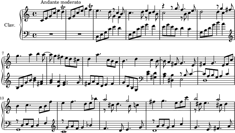 \version "2.18.2"
\header {
tagline = ##f
% composer = "Domenico Scarlatti"
% opus = "K. 86"
% meter = "Andante moderato"
}
%% les petites notes
trillD = { \tag #'print { d4\trill } \tag #'midi { e64 d e d~ d16~ d8 } }
trillF = { \tag #'print { f4\trill } \tag #'midi { g64 f g f~ f16~ f8 } }
upper = \relative c'' {
\clef treble
\key c \major
\time 4/4
\tempo 4 = 60
\set Staff.midiInstrument = #"harpsichord"
\override TupletBracket.bracket-visibility = ##f
s8*0^\markup{Andante moderato}
c,8 e g c e4 \trillD | e,8 g c e g4 \trillF | e4. d8 << { r8 c4 b8 } \\ { g4 f } >>
% ms. 4
c'4. d8 << { e4 d | r4 r8 g8 f4. e8 | s2 r8 g4 fis8 } \\ { r8 c4 b8 | c2 r8 b8 c4 | d2 d4 c } >> g'4. a4 b a8~ |
% ms. 8
a8 g4 fis e8 d cis | d4 a'4. c,8 b a | b4. d4 c b8~ | b a4 fis8 g4. e8 |
% ms. 12
fis4 g4. e8 fis c' | b4 c4. a8 b f' | e4 f4. d8 e bes' | << { a2 g } \\ { r8 cis,8 d4. b8 c4 } >>
% ms. 16
fis4 g4. e8 fis c' | << { b2 a } \\ { r8 dis,8 e4. cis8 dis4 } >> | % gis4
}
lower = \relative c' {
\clef bass
\key c \major
\time 4/4
\set Staff.midiInstrument = #"harpsichord"
\override TupletBracket.bracket-visibility = ##f
% ************************************** \appoggiatura a16 \repeat unfold 2 { } \times 2/3 { } \omit TupletNumber
R1*2 | c,8 e g c e4 d4 |
% ms. 4
e,8 g c e g4 f4 | e8 g e c d4 c | g8 b d g b4 a | \clef treble b,8 d g b < b d >4 < fis a > |
% ms. 8
< g b >4 < d a' > < e g >4. g8 | fis a fis d e4 fis | g8 d b g \clef bass < c e >4 < gis d' > | < a c > < dis, b' > << { r8 b'8 c4~ | c8 a b g a4 c } \\ { e,2 | d1 } >>
% ms. 13
<< { r8 d8 e c d4 f } \\ { g,1 } >> | \clef treble << { r8 g''8 a f g4 bes } \\ { c,1 } >> | f4. d8 e4. g8 |
% ms. 16
<< { r8 a8 b g a4 c } \\ { d,1 } >> | g4. e8 fis4. a8 |
}
thePianoStaff = \new PianoStaff <<
\set PianoStaff.instrumentName = #"Clav."
\new Staff = "upper" \upper
\new Staff = "lower" \lower
>>
\score {
\keepWithTag #'print \thePianoStaff
\layout {
#(layout-set-staff-size 17)
\context {
\Score
\override SpacingSpanner.common-shortest-duration = #(ly:make-moment 1/2)
\remove "Metronome_mark_engraver"
}
}
}
\score {
\keepWithTag #'midi \thePianoStaff
\midi { }
}
