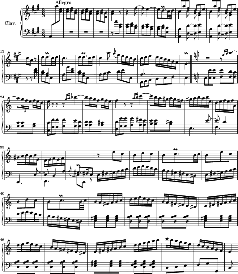 
\version "2.18.2"
\header {
  tagline = ##f
  % composer = "Domenico Scarlatti"
  % opus = "K. 220"
  % meter = "Allegro"
}

%% les petites notes
trillDqp         = { \tag #'print { d8.\prall } \tag #'midi { e32 d e d~ d16 } }
trillEp          = { \tag #'print { e4.\prall } \tag #'midi { fis32 e fis e~ e4 } }
trillGisqpAppo   = { \tag #'print { \appoggiatura a16 gis8.\prall } \tag #'midi { a32 gis a gis~ gis16 } }
trillCqp         = { \tag #'print { c8.\prall } \tag #'midi { d32 c d c~ c16 } }

upper = \relative c'' {
  \clef treble 
  \key a \major
  \time 3/8
  \tempo 4. = 80
  \set Staff.midiInstrument = #"harpsichord"
  \override TupletBracket.bracket-visibility = ##f

      \stemUp \change Staff = "lower" a,,8 \stemDown \change Staff = "upper" a'''8^\markup{Allegro} < cis, e >8 | q < d fis >8 < b d > | q < cis e > < a cis > | q < b d > < e, b' > | < a cis >4 r8 | r4 fis'8~ | fis e4~ | 
      % ms. 8
      e8 \trillDqp cis32 d | \repeat unfold 2 { << { cis8 a' fis | d b e } \\ { cis4 d8 | b8 gis4 } >> } | cis8 a r8 |  d8 \trillDqp cis32 d |
      % ms. 15
      cis4. | d8 \trillDqp cis32 d | cis4 a'8 | \appoggiatura gis16 fis8 e16 d cis b | cis8 d e | d16 cis b a gis fis | \trillEp   | \key c \major
      % ms. 22
      R4. | r8 \grace {   \tempo 4. = 44 f'16 g }   \tempo 4. = 72 a4~ | a8[ \times 2/3 { g16 f e] }   \omit TupletNumber \times 2/3 { f e d } | e8 r8 r8 | r8 \grace {   \tempo 4. = 44 g16 a }   \tempo 4. = 72 bes4~ | bes8[ \times 2/3 { a16 g f] }  \times 2/3 { g f e } |
      % ms. 28
       f4 r8 | r8 \grace { \tempo 4. = 44 a16 b }   \tempo 4. = 72 c4~ | c8[ \times 2/3 { b16 a gis] }  \times 2/3 { a gis fis } | gis16 a b a b e, | d e f e f a, | gis a b a b e, |
      % ms. 34
      d16 e f e f \stemUp \change Staff = "lower" a, | \trillGisqpAppo fis16 e8 | \stemNeutral \change Staff = "upper" r8 e''8 c | b d c | b \trillCqp b32 c | b8 e c |
      % ms. 40
      b d c | b \trillCqp b32 c | b16 a gis a b c  | \repeat unfold 2 { d e f e d c | b a gis fis e dis |
      % ms. 45
      e16 fis gis a b c } | d16 e f g a b | c b a g f e |
      % ms. 51
      d16 c b a g f | e4

}

lower = \relative c' {
  \clef bass
  \key a \major
  \time 3/8
  \set Staff.midiInstrument = #"harpsichord"
  \override TupletBracket.bracket-visibility = ##f

    % ************************************** \appoggiatura a8  \repeat unfold 2 {  } \times 2/3 { }   \omit TupletNumber 
      s4.  | R4.*3 | r8 a' < cis, e > | q < d fis >8 < b d > | q < cis e > < a cis > |
      % ms. 8
      < a cis >8 < b d > < e, b' > | \repeat unfold 2 { < a, a' >4 < d d' >8~ | q < e e' >4 } | r8 r8 < d' fis >8 | << { s8 b4 } \\ { < b d >8 gis e } >>
      % ms. 15
      a8 a' < d, fis >8 << { s8 b4 } \\ { < b d >8 gis e } >> | a8 b cis | d e e, | << { a4. } \\ { a,8 b cis } >> | d e fis | e4. \bar "||"   \key c \major
      % ms. 22
      e8 < e e' > q | < f e' > < f d' > < f c' > | < g c > q < g b > | < c, c' > < f f' > q | < g f' > < g e' > < g d' > | < a d > q < a cis > |
      % ms. 28
      < d, d' >8 < g g' > q | < a g' > < a fis' > < a e' > | < b e > q < b dis > | << { \mergeDifferentlyDottedOn e,4 e'8~ | e d4 | e,,4 e'8~ | e d4 } \\ { e4. f e, f } >>
      % ms. 35
      \stemDown e'8 e, r8 | \stemNeutral \repeat unfold 2 { e'16 fis gis a b c | d16 e f e d c | b a gis fis e dis } | \repeat unfold 2 { \repeat unfold 3 { < e gis b >8 } | \repeat unfold 6 { < d a' b >8 } } |
      % ms. 48
      < e gis b >8 q q |  < d f g b >8 q q | c8 d e |
      % ms. 51
      f8  g g, | c
}

thePianoStaff = \new PianoStaff <<
    \set PianoStaff.instrumentName = #"Clav."
    \new Staff = "upper" \upper
    \new Staff = "lower" \lower
  >>

\score {
  \keepWithTag #'print \thePianoStaff
  \layout {
      #(layout-set-staff-size 17)
    \context {
      \Score
     \override SpacingSpanner.common-shortest-duration = #(ly:make-moment 1/2)
      \remove "Metronome_mark_engraver"
    }
  }
}

\score {
  \keepWithTag #'midi \thePianoStaff
  \midi { }
}
