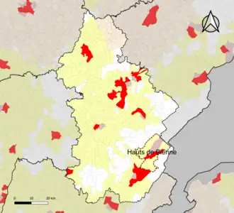 Localisation de l'aire d'attraction de Hauts de Bienne dans le département du Jura.
