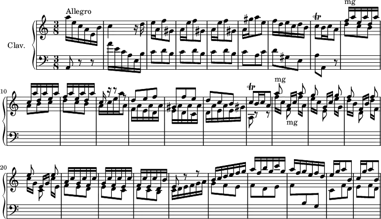 
\version "2.18.2"
\header {
  tagline = ##f
  % composer = "Domenico Scarlatti"
  % opus = "K. 36"
  % meter = "Allegro"
}

%% les petites notes
trillCq      = { \tag #'print { c8\trill } \tag #'midi { d32 c d c } }

upper = \relative c'' {
  \clef treble 
  \key a \minor
  \time 3/8
  \tempo 4. = 62
  \set Staff.midiInstrument = #"harpsichord"
  \override TupletBracket.bracket-visibility = ##f

      s8*0^\markup{Allegro}
      a'16 e c a e b' | c4 r16 d16 | e a, f'8 gis, | \repeat unfold 2 { a16 e' f8 gis, } |
      % ms. 6
      a16 gis' a8 e | f16 d e c d b | \trillCq b16 c a8 | \stemDown d8 c b | a b c | d c b |
      % ms. 12
      a16 c e a a,8 | \stemUp d8 e f | gis, f' e | d c b | \trillCq b16 c a8 | \stemDown f'16 c \stemUp a[ c] \stemDown f a, |
      % ms. 18
      e'16 c \stemUp g[ c] \stemDown  e g, | d' b \stemUp f[ b] \stemDown  d f, | c' g \stemUp e[ g] \stemDown c e,  | f8 e d | e d c |
      % ms. 21
      d8 c b | c16 d e f g a | \stemUp b c d e f g  | a f b g c g | a f g e f d |
      % ms. 28
      e16 g a8 b, | c16 g' a8 b, |

}

lower = \relative c' {
  \clef bass
  \key a \minor
  \time 3/8
  \set Staff.midiInstrument = #"harpsichord"
  \override TupletBracket.bracket-visibility = ##f

    % ************************************** \appoggiatura a8  \repeat unfold 2 {  } \times 2/3 { }   \omit TupletNumber 
      a,8 r8 r8 | a''16 e c a e b' | \repeat unfold 3 { c8 d b } | 
      % ms. 6
      c8 a c | d gis, e | a a, r8 \stemUp \change Staff = "upper" f'''16^\markup{mg} a e a d, a' | c, a' d, a' e a  | f a e a d, a'
      % ms. 12
      c,16 r16 r8 r8 | \stemDown f,16 a e a d, a' | e a d, a' c, a' | d, a' e a e gis | a,8 r8 r8 | \stemUp \autoBeamOff a''8^\markup{mg} \stemDown  f,-\markup{mg} \stemUp a' |
      % ms. 18
      g8 \stemDown  e, \stemUp g' | f \stemDown  d, \stemUp f' | e \stemDown  c, \stemUp e' | \stemUp \autoBeamOn a,16 c g c  f, c' | g c f, c' e, c' | 
      % ms. 23
      f,16 c' e, c' d, b' | e,8 r8 r8 | \stemDown g8  f e | f d e | f \stemUp \change Staff = "lower"  b, g | \stemDown \change Staff = "upper"  c8 f d | e f d | 

}

thePianoStaff = \new PianoStaff <<
    \set PianoStaff.instrumentName = #"Clav."
    \new Staff = "upper" \upper
    \new Staff = "lower" \lower
  >>

\score {
  \keepWithTag #'print \thePianoStaff
  \layout {
      #(layout-set-staff-size 17)
    \context {
      \Score
     \override SpacingSpanner.common-shortest-duration = #(ly:make-moment 1/2)
      \remove "Metronome_mark_engraver"
    }
  }
}

\score {
  \keepWithTag #'midi \thePianoStaff
  \midi { }
}
