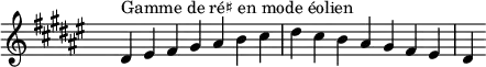 
\relative c' { 
  \key dis \aeolian
  \clef treble \time 7/4 \hide Staff.TimeSignature dis4^\markup { Gamme de ré♯ en mode éolien } eis fis gis ais b cis dis cis b ais gis fis eis dis
}
