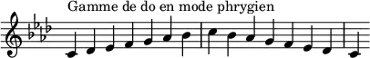 {
\override Score.TimeSignature #'stencil = ##f
\relative c' {
\key c \phrygian
\clef treble \time 7/4
c4^\markup { Gamme de do en mode phrygien } des es f g aes bes c bes aes g f es des c
} }