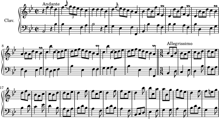 
\version "2.18.2"
\header {
  tagline = ##f
}

%% les petites notes
trillE       = { \tag #'print { ees4\prall } \tag #'midi { f32 ees f ees~ ees8 } }
trillBes     = { \tag #'print { bes4\prall } \tag #'midi { c32 bes c bes~ bes8 } }
trillA       = { \tag #'print { a4\prall } \tag #'midi { bes32 a bes a~ a8 } }
trillALent   = { \tag #'print { a4\prall } \tag #'midi {   \tempo 2 = 60 bes32 a bes a~   \tempo 2 = 20 a8 } }

upper = \relative c'' {
  \clef treble 
  \key bes \major
  \time 2/2
  \tempo 2 = 60
  \set Staff.midiInstrument = #"harpsichord"
  \override TupletBracket.bracket-visibility = ##f

      s8*0^\markup{Andante}
      r4 f4 f d | f \appoggiatura a16 \times 2/3 { g8[ f ees] } d4 c | d d d bes | d   \omit TupletNumber \appoggiatura f16 \times 2/3 { ees8[ d c] } bes4 a |
      % ms. 5
      bes4 \repeat unfold 2 { \times 2/3 { d8[ bes f'] } f,4 \trillE | d4 } \times 2/3 { bes'8[ a d] } c4 \trillBes | a4 \times 2/3 { bes8[ a d] } c4 \trillBes | c4 bes' c,4~ \times 2/3 { c8[ d ees] } |
      % ms. 10 
      \times 2/3 { d8[ ees f] } \times 2/3 { ees8[ d c] }   \tempo 2 = 56 bes4 \trillA
      c4 bes' c,4~ \times 2/3 { c8[ d ees] } |
      % ms. 11
      \times 2/3 { d8[ ees f] } \times 2/3 { ees8[ d c] }   \tempo 2 = 50 bes4 \trillALent  |   \time 3/8   \tempo 4. = 100
      % m. 13
      bes8^\markup{Allegrissimo} f bes | bes a c |
      % ms. 15
      c8 bes d | d c ees | d f bes, | bes a c | c bes d | d c ees | d4 f8 | f c ees | 
      % ms. 23
      d4 f8 | f8 c ees | d4 bes'8 | bes c, a' | a bes, g' | g f ees | d4 f8 | f e g |
      % ms. 31
      

}

lower = \relative c' {
  \clef bass
  \key bes \major
  \time 2/2
  \set Staff.midiInstrument = #"harpsichord"

    % **************************************
      bes,2 r4 bes'4 | bes ees, f a | bes2 r4 g4 | g ees f f, |
      % ms. 5
      bes4 bes' a f | bes bes a f | bes d, ees g | f d ees g | f d ees f |
      % ms. 10
      bes4 ees, f f | g g a f | bes ees, f f, \bar "||"  \time 3/8
      % ms. 13
      bes4 d8 | c4 ees8 |
      % ms. 15
      d4 bes'8 | a8 f a | bes4  d8 | c4 ees8 | d4 bes8 | a8 f a | \repeat unfold 2 { bes d bes | a4 f8 } |
      % ms. 25
      bes,8 c d | ees4 f8 | g4 g8 | a4 f8 | bes8 d bes | g4 bes8 |
      % ms. 31
      

}

thePianoStaff = \new PianoStaff <<
    \set PianoStaff.instrumentName = #"Clav."
    \new Staff = "upper" \upper
    \new Staff = "lower" \lower
  >>

\score {
  \keepWithTag #'print \thePianoStaff
  \layout {
      #(layout-set-staff-size 17)
    \context {
      \Score
     \override SpacingSpanner.common-shortest-duration = #(ly:make-moment 1/2)
      \remove "Metronome_mark_engraver"
    }
  }
}

\score {
  \keepWithTag #'midi \thePianoStaff
  \midi { }
}
