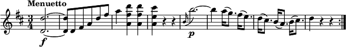 \relative c'' {
\version "2.18.2"
\key d \major
\tempo "Menuetto"
\time 3/4
\tempo 4 = 160
<d, d'>2.\f ~
<d d'>8 d8 fis a d fis
a4 <a, fis' d'> <a fis' d'>
<a e' cis'> r4 r4
\grace b16 (b'2.)\p ~
b4 a16 (g8.) fis16 (e8.)
d16 (cis8.) b16 (a8.) b16 (cis8.)
d4 r4 r4 \bar ":|."
}