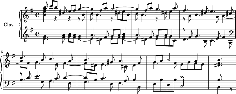 
\version "2.18.2"
\header {
  tagline = ##f
}

%% les petites notes
trillC = { \tag #'print { c,2\prall } \tag #'midi { d32 c d c~ c8~ c4 } }

upper = \relative c'' {
  \clef treble 
  \key e \minor
  \time 4/4
  \tempo 4 = 80
  \set Staff.midiInstrument = #"harpsichord"

    << { b'8 c[ b] dis, e fis g4~ | g  fis8 a g2~ | g4 fis8 a g4. a8 } \\ { < b, e g >4 r4 r4 r8 b8 | c b4. r8 dis8 e b | c b4. r8 dis8 e4 } >> |
    << { fis4. dis8 e4. cis8 | d4. b8 c4. a8 b4. gis8 a4. fis8 | g8 a b2 a4 } \\ { r8 a8 b4. g8 a4~ | a8 fis g4. e8 fis4~ | fis8 dis e4. cis8 dis4 | \mergeDifferentlyDottedOn g4. fis8 e g fis e } >> | < dis fis b >4.
}

lower = \relative c' {
  \clef bass
  \key e \minor
  \time 4/4
  \set Staff.midiInstrument = #"harpsichord"

    % **************************************
      \clef treble  << { s1 a'4. fis8 g a b4 | a4. fis8 g a g4 } \\ { < e g >4. < fis a >8 < g b > < fis a > < e g >4~ e4 dis4 e8 fis < e g >4~ e4 dis e8 fis g c, } >>
    % ms. 4
    << { r8 fis8 g4. e8 fis4 } \\ { d4. b8 c4. a8 } >> |  \clef bass | << { r8 d8 e4. c8 d4~ | d8 b c4. a8 b4 } \\ { b4. g8 a4. fis8 | g4. e8 fis4. b,8 } >> | e8 b' d, b' \trillC << { b'8 } \\ { b,4 r8 } >>

}

thePianoStaff = \new PianoStaff <<
    \set PianoStaff.instrumentName = #"Clav."
    \new Staff = "upper" \upper
    \new Staff = "lower" \lower
  >>

\score {
  \keepWithTag #'print \thePianoStaff
  \layout {
      #(layout-set-staff-size 17)
    \context {
      \Score
     \override SpacingSpanner.common-shortest-duration = #(ly:make-moment 1/2)
      \remove "Metronome_mark_engraver"
    }
  }
}

\score {
  \keepWithTag #'midi \thePianoStaff
  \midi { }
}
