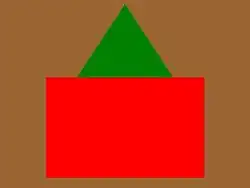 Carré rouge surmonté d'un triangle vert sur fond brun