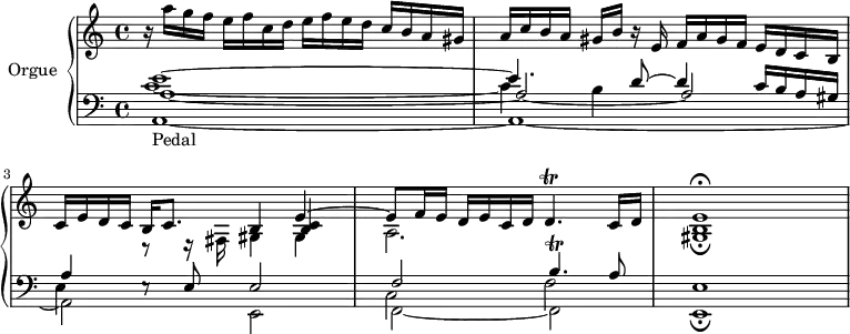 \version "2.18.2"
\header {
tagline=##f
}
Trilldq={ \tag #'print { d4.\trill } \tag #'midi { \repeat unfold 4 { e32 d~ } d8 } }
Trillbq={ \tag #'print { b4.\trill } \tag #'midi { \repeat unfold 4 { c32 b~ } b8 } }
upper=\relative c'' {
\clef treble
\key c \major
\time 4/4
\tempo 4=60
\tempo "Allegro"
\set Staff.midiInstrument=#"church organ"
r16 a'16 g f e f c d e f e d c b a gis a c b a gis b r16 e,16 f a gis f e d c b
<< { c16 e d c b c8. s4 e4~|e8 f16 e d e c d \Trilldq c16 d e1\fermata } \\ { s4 r8 r16 fis,16 gis4 gis a2. s4 < gis b >1\fermata } \\ { s2 b4 < b c > } >>
}
lower=\relative c' {
\clef bass
\key c \major
\time 4/4
\set Staff.midiInstrument=#"church organ"
<< { e1~ e4. d8~ d4 c16 b a gis a4 s8 e8 e2 f \Trillbq a8 e1 } \\ { s4*0-\markup{Pedal} a,1~ a~ a2 e f~ f e1\fermata } \\ { a'1_~ a2_~ a } \\ { c1~ c4 b s2 e,4 e8\rest s8 s2 c2 f } >> \bar "|"
}
thePianoStaff=\new PianoStaff <<
\set PianoStaff.instrumentName=#"Orgue"
\new Staff="upper" \upper
\new Staff="lower" \lower
>>
\score {
\keepWithTag #'print \thePianoStaff
\layout {
#(layout-set-staff-size 17)
\context {
\Score
\override SpacingSpanner.common-shortest-duration=#(ly:make-moment 1/2)
\remove "Metronome_mark_engraver"
}
}
}
\score {
\keepWithTag #'midi \thePianoStaff
\midi { }
}