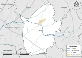 Carte en couleur présentantle réseau hydrographique de la commune