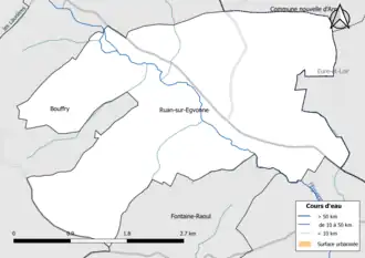 Carte en couleur présentantle réseau hydrographique de la commune