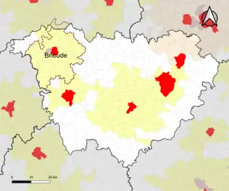 Localisation de l'aire d'attraction de Brioude dans le département de la Haute-Loire.