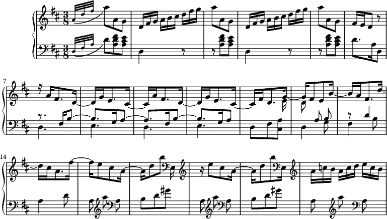 
\version "2.18.2"
\header {
  tagline = ##f
  % composer = "Domenico Scarlatti"
  % opus = "K. 145"
  % meter = "Allegro"
}

%% les petites notes
%trillBesp     = { \tag #'print { bes4.\prall } \tag #'midi { c32 bes c bes~ bes4 } }

upper = \relative c'' {
  \clef treble 
  \key d \major
  \time 3/8
  \tempo 4. = 60
  \set Staff.midiInstrument = #"harpsichord"
  \override TupletBracket.bracket-visibility = ##f
  \omit TupletNumber 

      % s8*0^\markup{Allegro}
      \grace { \tempo 4. = 20 a32( d fis } \tempo 4. = 60 a8) \repeat unfold 2 { a,8 g | \times 2/3 { d16 fis g } \times 2/3 { a[ b cis] } \times 2/3 { d fis g } | a8 }
      % ms. 5 suite
      a,8 g | fis16 e d8 r8 | << { r16 a'16 fis8. d16_~ | d g e8. cis16_~ | cis a' fis8. d16_~ |
      % ms. 10
      d16 g e8. cis16_~ | cis fis d8. g16_~ | g fis8 e b'16_~ | b16 a fis8. d'16_~ | \stemDown d16 cis a8. fis'16~ |
      % ms. 15
      fis16 e8 cis a16~ | a[ d8 b'] } 
      \\ % ms. 11/12 uniquement
      { s4.*4 s4 s16 e,,16 | d8 } >>
      % ms. 16 suite
        \clef bass e,16    \clef treble  | r16 e''8 cis a16~ | a d8 b' \clef bass e,,,16    \clef treble  | \times 2/3 { a'16 c b } \times 2/3 { a16[ c d] } \times 2/3 { e16 c b } | 
      % ms. x
      

}

lower = \relative c' {
  \clef bass
  \key d \major
  \time 3/8
  \set Staff.midiInstrument = #"harpsichord"
  \override TupletBracket.bracket-visibility = ##f

    % ************************************** \appoggiatura a16  \repeat unfold 2 {  } \times 2/3 { }   \omit TupletNumber 
      \grace { d,32( fis a } d8) \repeat unfold 2 { < a d fis >8 < a cis e > | d,4 r8 | r8 }
      % ms. 5 suite
       < a' d fis >8 < a cis e > | d8. a16 d,8 | << { r8. fis16 b8~ | b8. g16 a8~ | a8. fis16 b8~ | b8. g16 a8 } \\ { d,4. | e | d | e } >>
      % ms. 11
      d8 fis < cis a' > | << { \autoBeamOff s8 a'8 b | r8 d4 } \\ { d,4 g8 | fis4 b8 | a4 d8 } >>
      % ms. 15
      \repeat unfold 2 { \autoBeamOff a8   \clef treble  a''8   \clef bass a,,8 | \autoBeamOn b d gis } | \autoBeamOff a,8 \clef treble  a''8   \clef bass a,,8 |
      % ms. x
      

}

thePianoStaff = \new PianoStaff <<
    \set PianoStaff.instrumentName = #"Clav."
    \new Staff = "upper" \upper
    \new Staff = "lower" \lower
  >>

\score {
  \keepWithTag #'print \thePianoStaff
  \layout {
      #(layout-set-staff-size 17)
    \context {
      \Score
     \override SpacingSpanner.common-shortest-duration = #(ly:make-moment 1/2)
      \remove "Metronome_mark_engraver"
    }
  }
}

\score {
  \keepWithTag #'midi \thePianoStaff
  \midi { }
}
