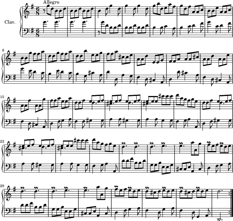 \version "2.18.2"
\header {
tagline = ##f
% composer = "Domenico Scarlatti"
% opus = "K. 375"
% meter = "Allegro"
}
%% les petites notes
trillDp = { \tag #'print { d4.\prall } \tag #'midi { e32 d e d~ d4 } }
trillEp = { \tag #'print { e4.\prall } \tag #'midi { fis32 e fis e~ e4 } }
trillFisq = { \tag #'print { fis8\prall } \tag #'midi { g32 fis g fis } }
trillEq = { \tag #'print { e8\prall } \tag #'midi { fis32 e fis e } }
trillDq = { \tag #'print { d8\prall } \tag #'midi { e32 d e d } }
upper = \relative c'' {
\clef treble
\key g \major
\time 6/8
\tempo 4. = 112
\repeat volta 2 {
s8*0^\markup{Allegro}
r8 g'8 d \repeat unfold 3 { b b d } | b4 d8 \repeat unfold 3 { g4 d8 } |
% ms. 5
g8 b d, e a fis | g d fis a, a c | b b e a, a c | b b g' fis fis a |
% ms. 9
d,8 d g fis fis a | d, d b' e, e g | fis fis a cis, cis e | a, a d e, e g |
% ms. 13
fis fis a a a cis | a a d a a e' | a, a fis' a, a g' | fis fis a e e a |
% ms. 17
\repeat unfold 2 { d,8 d fis << { \repeat unfold 3 { e8 e fis} e e e } \\ { d4. | cis d | cis } >> cis'8 cis cis | d a g fis g e } | \repeat unfold 2 { \trillDp \trillDp |
% ms. 25
\trillDp \trillEp | \trillEp a8 a, g' | \trillFisq e8 fis \trillEq d8 e } |
% ms. 33
\repeat unfold 2 { \trillDq cis8 d \trillEq d8 e } | d2. }%repet
}
lower = \relative c' {
\clef bass
\key g \major
\time 6/8
\repeat volta 2 {
% ************************************** \appoggiatura a16 \repeat unfold 2 { } \times 2/3 { } \omit TupletNumber
g'4. g | g g | r8 g8 d \repeat unfold 3 { b b d } |
% ms. 5
b4 b8 c4 a8 | b4 \repeat unfold 2 { c8 d4 fis8 | g4 } \repeat unfold 2 { e8 d4 c8 |
% ms. 10
b4 } g8 cis4 a8 | d4 d,8 a'4 g8 | fis4 d8 cis4 a8 |
% ms. 13
d4 d'8 cis4 a8 | \repeat unfold 2 { fis4 d8 cis4 a8 } | d4 fis8 g4 a8 |
% ms. 17
fis4 fis8 gis4 gis8 | a4 a8 gis4 gis8 | a4 a8 g4 g8 | fis4 g8 a4 a,8 |
% ms. 21
d4 fis8 gis4 gis8 | a4 a8 gis4 gis8 | a4 a8 g4 g8 | fis4 g8 a4 a,8 | \repeat unfold 2 { d'8 d fis b, b d |
% ms. 26
g,8 g b e, e g | cis, cis e a,4 cis8 | d4 fis8 g4 a8 } |
% ms. 33
fis4 d8 g4 a8 | fis4 d8 g,4 \tempo 4. = 92 a8 d,2. \tempo 4. = 112 }%repet
}
thePianoStaff = \new PianoStaff <<
\set PianoStaff.instrumentName = #"Clav."
\new Staff = "upper" \upper
\new Staff = "lower" \lower
>>
\score {
\keepWithTag #'print \thePianoStaff
\layout {
#(layout-set-staff-size 17)
\context {
\Score
\override TupletBracket.bracket-visibility = ##f
\override SpacingSpanner.common-shortest-duration = #(ly:make-moment 1/2)
\remove "Metronome_mark_engraver"
}
}
}
\score {
\unfoldRepeats
\keepWithTag #'midi \thePianoStaff
\midi { \set Staff.midiInstrument = #"harpsichord" }
}