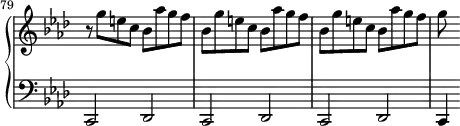 \version "2.18.2"
\header {
tagline = ##f
}
upper = \relative c'' {
\clef treble
\key f \minor
\time 2/2
\tempo 2 = 110
\set Staff.midiInstrument = #"harpsichord"
\set Score.currentBarNumber = #79
\omit Staff.TimeSignature
\bar ""
r8 g'8 e c bes aes' g f | \repeat unfold 2 { bes, g'8 e c bes aes' g f } | g8
}
lower = \relative c {
\clef bass
\key f \minor
\time 2/2
\set Staff.midiInstrument = #"harpsichord"
\omit Staff.TimeSignature
% **************************************
\repeat unfold 3 { c,2 des } | c4
}
thePianoStaff = \new PianoStaff <<
\set PianoStaff.instrumentName = #""
\new Staff = "upper" \upper
\new Staff = "lower" \lower
>>
\score {
\keepWithTag #'print \thePianoStaff
\layout {
indent = #0
#(layout-set-staff-size 17)
\context {
\Score
\override SpacingSpanner.common-shortest-duration = #(ly:make-moment 1/2)
\remove "Metronome_mark_engraver"
}
}
}
\score {
\keepWithTag #'midi \thePianoStaff
\midi { }
}
