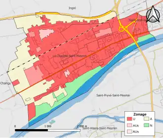 Carte simplifiée de la commune, différenciant avec différentes couleurs les zones urbaines, à urbaniser et naturelles.