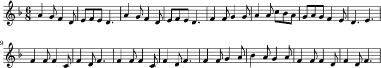 \relative c' { \key d \minor \time 6/8
a'4 g8 f4 d8 |e8 f8 e8 d4. | a'4 g8 f4 d8 |e8 f8 e8 d4. | f4 f8 g4 g8 | a4 a8 c8 bes8 a8 | g8 a8 g8 f4 e8 d4. e4. | f4 f8 f4 c8 f4 d8 f4.| f4 f8 f4 c8 f4 d8 f4. |f4 f8 g4 a8 bes4 a8 g4 a8 | f4 f8 f4 d8 f4 d8 f4.
}