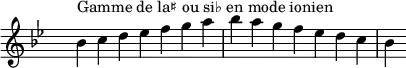 
\relative c'' { 
  \key bes \ionian
  \clef treble \time 7/4 \hide Staff.TimeSignature bes4^\markup { Gamme de la♯ ou si♭ en mode ionien } c d ees f g a bes a g f ees d c bes}

