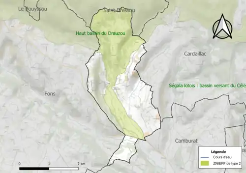 Carte de la ZNIEFF de type 2 sur la commune.