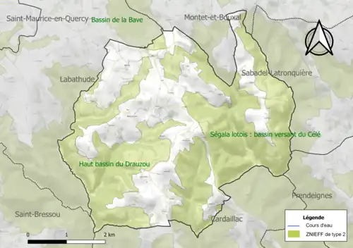 Carte des ZNIEFF de type 2 sur la commune.
