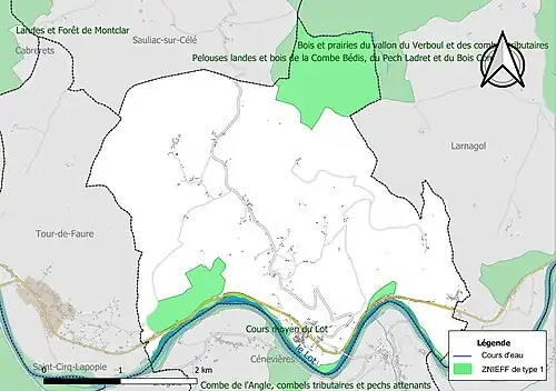 Carte des ZNIEFF de type 1 sur la commune.