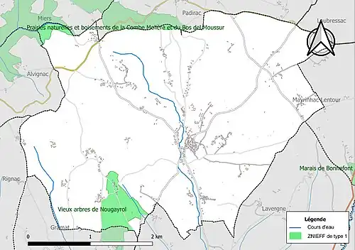 Carte des ZNIEFF de type 1 sur la commune.
